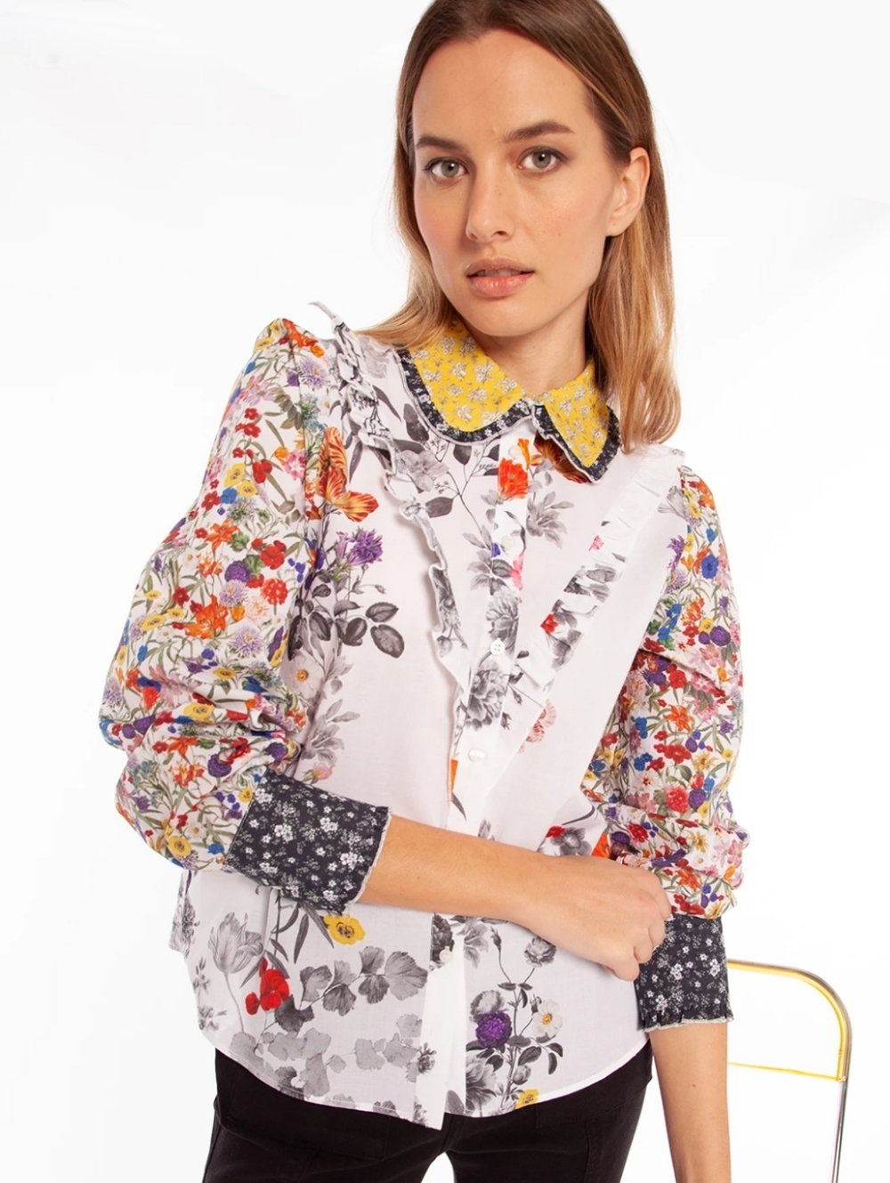 VILAGALLO Zalira Floral Button Up Shirt Blouse Cotton Ruffle Multicolor Size 40
